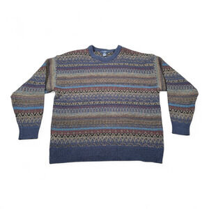 Vintage Ivy Crew Sweater Adult LARGE Blue Geometric Fair Isle Knit Dad 90s